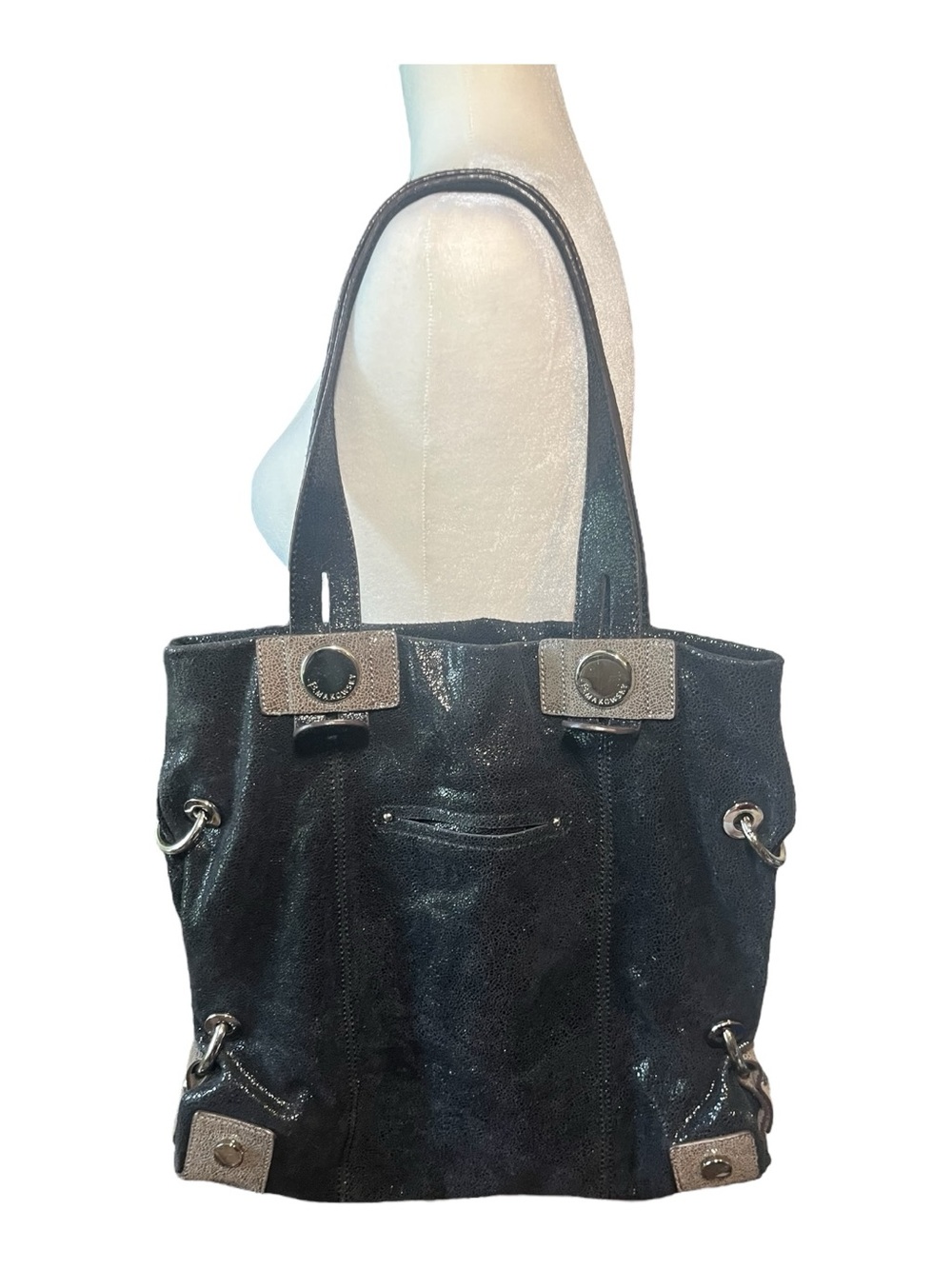 B. Makowsky Black Crackle Shimmer Genuine Leather Hobo Shoulder Bag | Y2K - Picture 2 of 8